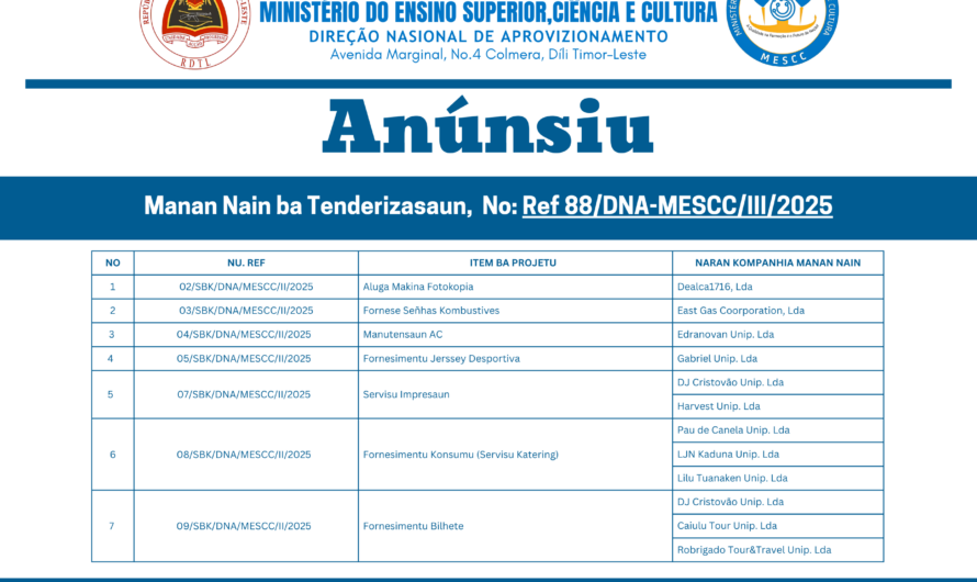 Anúnsiu: Manan Nain ba Tenderizasaun, No: Ref 88/DNA-MESCC/III/2025